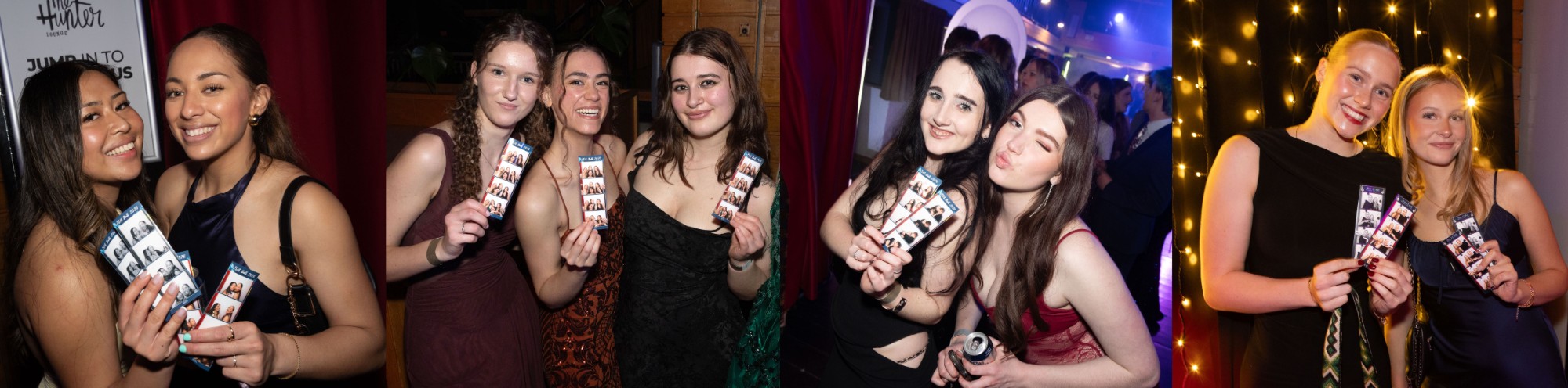 Guests holding their printed photo strips at a Wellington ball